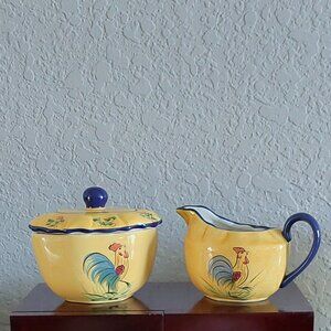 Vintage Cracker Barrel Ceramic Farmhouse Yellow Rooster Sugar/Creamer Set
